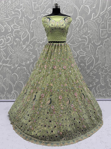 Exquisite Green Net Floral Embroidered Mehendi Wear Lehenga Choli